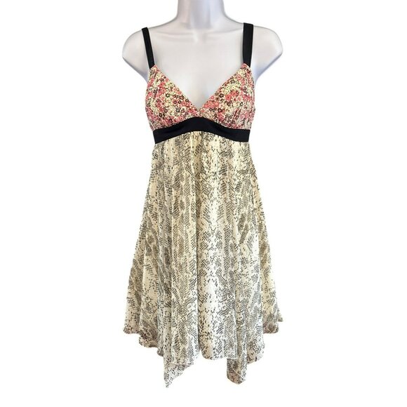 Johnny Martin Floral Snakeskin Print Sleeveless Baby Doll Dress Tie Waist Y2K - Picture 1 of 8